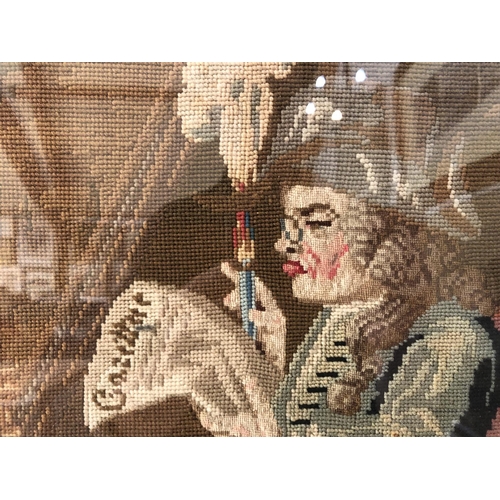 67 - 19th Century Tapestry of 'The Politician' after William Hogarth in a wooden frame with leather leave... 