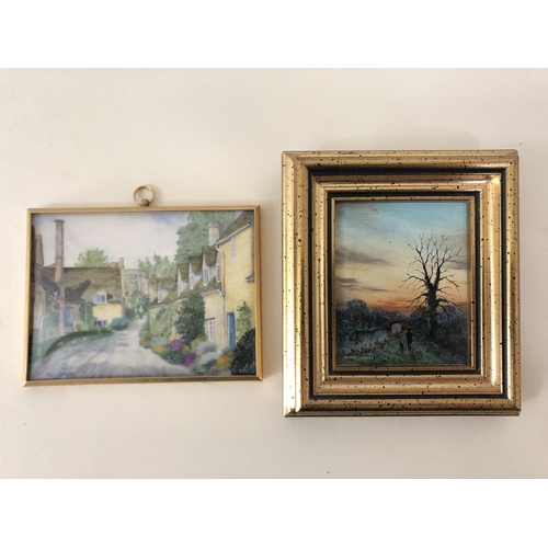 75 - Two Miniature Paintings by Different Artists: Robert Hughes (1934-2010) - 'Winter Sunset', oil on bo... 