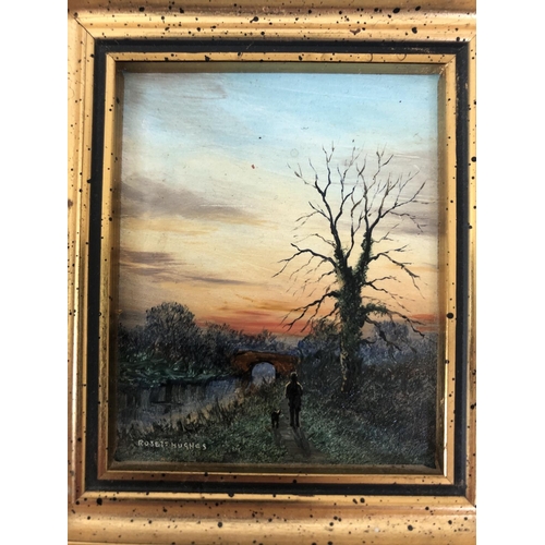 75 - Two Miniature Paintings by Different Artists: Robert Hughes (1934-2010) - 'Winter Sunset', oil on bo... 