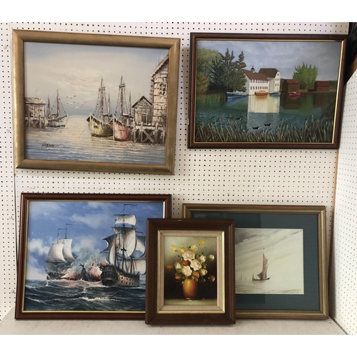 79 - 20th Century School - Five paintings by different artists: Ships in Battle, oil on canvas, indistinc... 