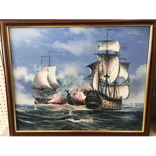 79 - 20th Century School - Five paintings by different artists: Ships in Battle, oil on canvas, indistinc... 