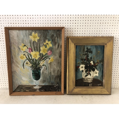 80 - Shirley Payling (1934-2006) - Two Still Life Paintings: White Vase of Flowers and Holly/Daffodils in... 