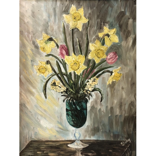 80 - Shirley Payling (1934-2006) - Two Still Life Paintings: White Vase of Flowers and Holly/Daffodils in... 