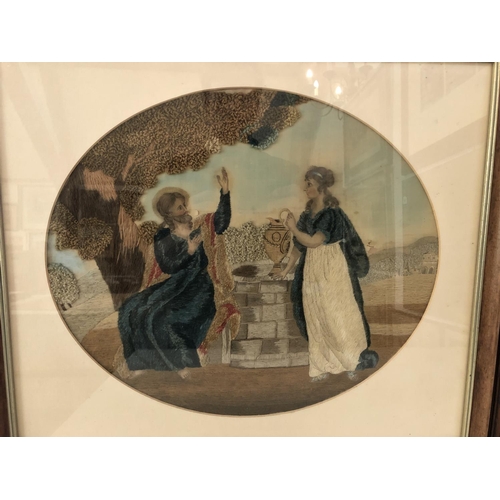 90 - Two Framed Works: 19th Century needlework silk and wool embroidery of The Story of Jesus and the Sam... 