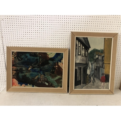 91 - 20th Century School - two paintings: abstract study, watercolour on board; Street scene with figures... 