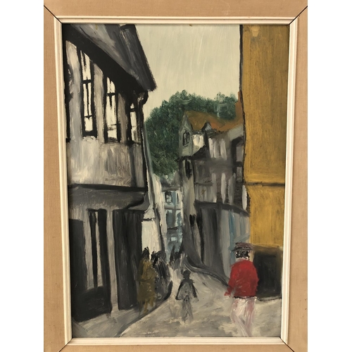 91 - 20th Century School - two paintings: abstract study, watercolour on board; Street scene with figures... 