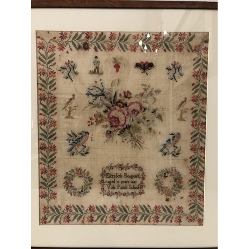 95 - 19th century needlework sampler, by Elizabeth Bougourd aged 12 years, dated 1845, Vale Parish School... 