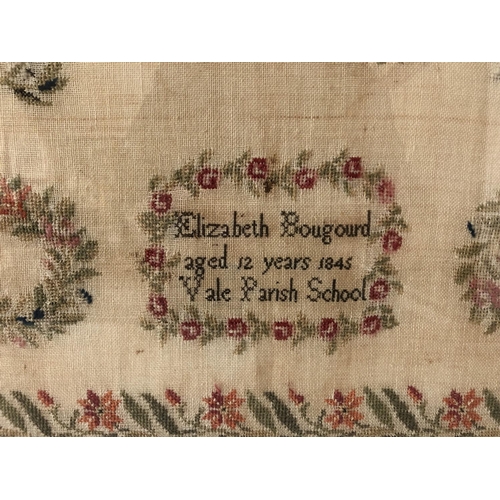 95 - 19th century needlework sampler, by Elizabeth Bougourd aged 12 years, dated 1845, Vale Parish School... 