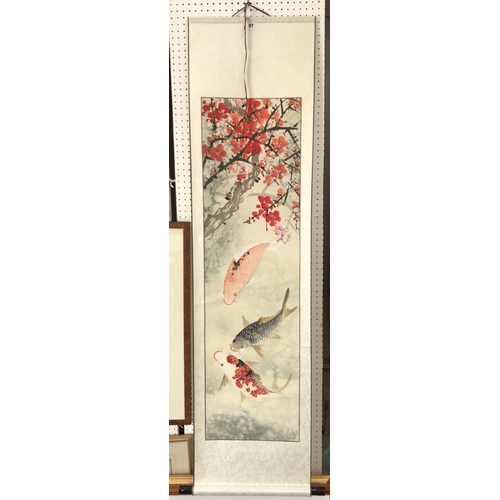 97 - 20th century Chinese scroll painting of three koi carp with blossom, ink on paper, 110 x 32 cm