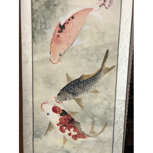 97 - 20th century Chinese scroll painting of three koi carp with blossom, ink on paper, 110 x 32 cm