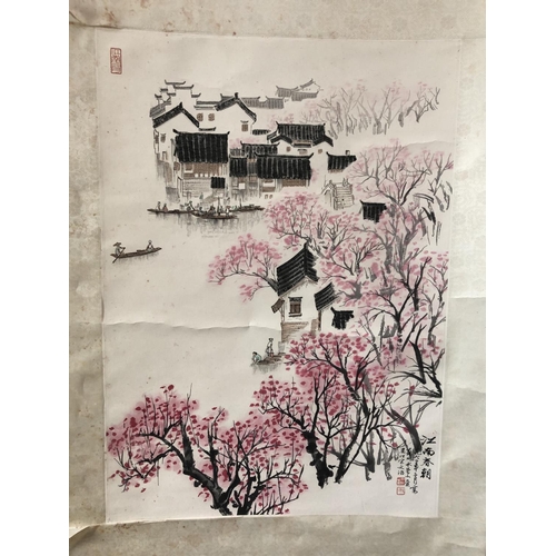 98 - After Song Wenzhi (宋文治) (1919-1999) -  Village Scene with Cherry Blossom, bearing three red seals an... 