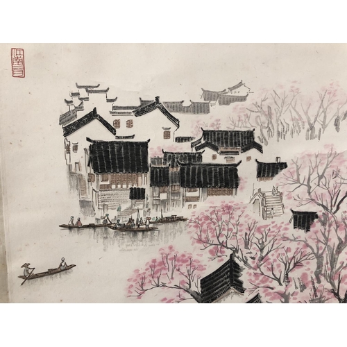 98 - After Song Wenzhi (宋文治) (1919-1999) -  Village Scene with Cherry Blossom, bearing three red seals an... 