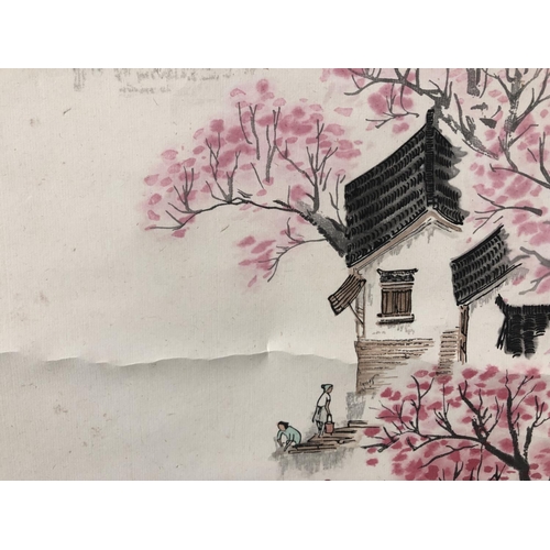 98 - After Song Wenzhi (宋文治) (1919-1999) -  Village Scene with Cherry Blossom, bearing three red seals an... 