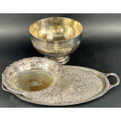 1220 - A quantity of silver plate items including, an oblong cake tray with a handle, platters, a centre pi... 