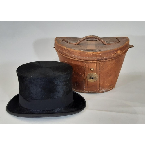 1829 - Vintage black silk top hat by Christys' in leather hat box lined with red velvet. Internal measureme... 