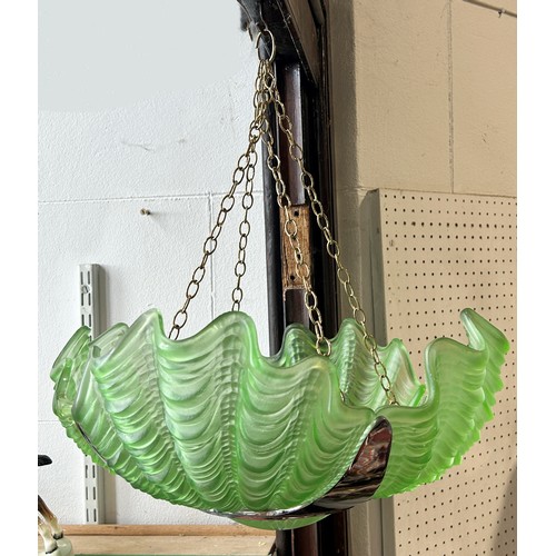 1209 - An art Deco chrome and green frosted glass four segment scalloped ceiling light shade (cracked to on... 