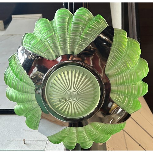 1209 - An art Deco chrome and green frosted glass four segment scalloped ceiling light shade (cracked to on... 