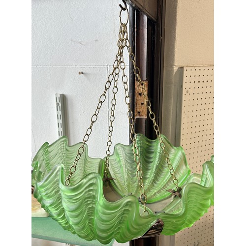 1209 - An art Deco chrome and green frosted glass four segment scalloped ceiling light shade (cracked to on... 