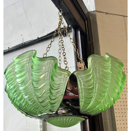 1209 - An art Deco chrome and green frosted glass four segment scalloped ceiling light shade (cracked to on... 