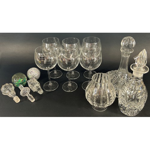 1201 - A boxed set of six Dartington Gym Coppa Party Glasses, a ships decanter, a further decanter, lotus s... 