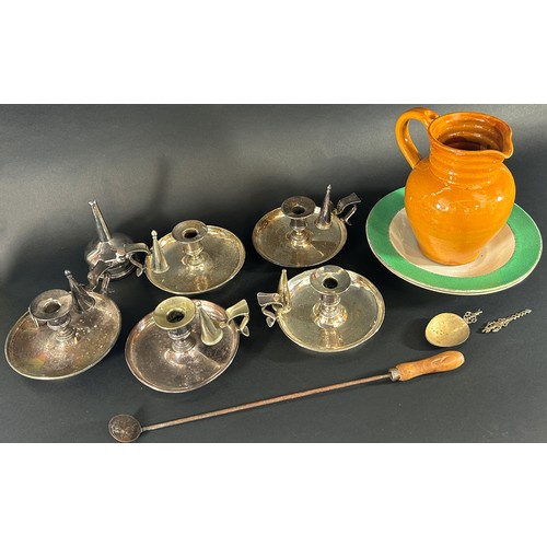 1218 - Five silver plated chamber candlesticks each complete with sniffer, and a wine funnel with strainer,... 