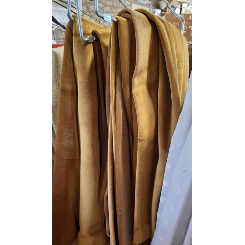 1822 - 2 pairs of extra long gold coloured velour curtains, unlined with pencil pleat heading. Length 3.25m... 