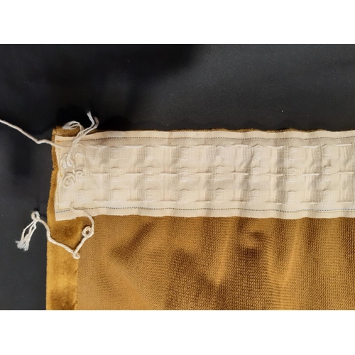 1822 - 2 pairs of extra long gold coloured velour curtains, unlined with pencil pleat heading. Length 3.25m... 