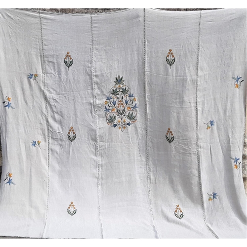 1826 - Large vintage textile panel made from 5 vertical sections of natural linen with embroidered floral c... 