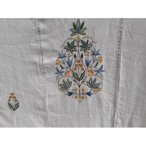 1826 - Large vintage textile panel made from 5 vertical sections of natural linen with embroidered floral c... 