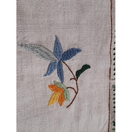 1826 - Large vintage textile panel made from 5 vertical sections of natural linen with embroidered floral c... 