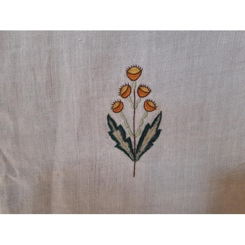 1826 - Large vintage textile panel made from 5 vertical sections of natural linen with embroidered floral c... 