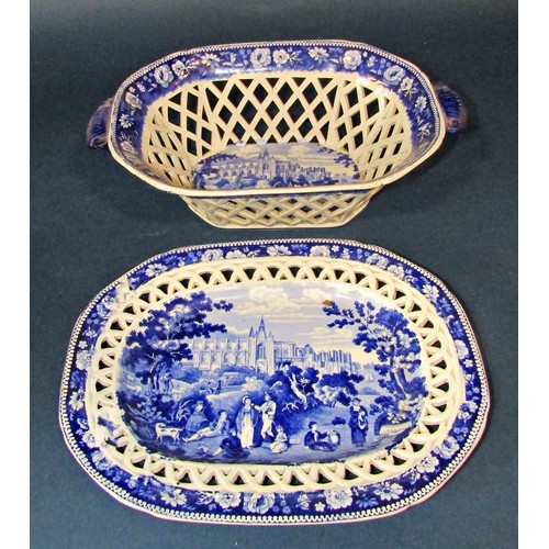 1129 - Blue & white pierced ceramic dish with matching platter decorated with pastoral scene together with ... 