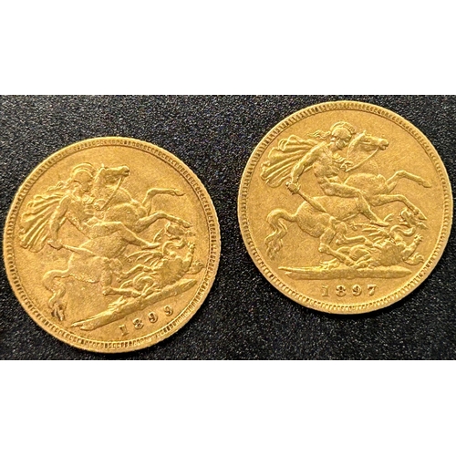 1810 - Two Victorian half sovereigns dated 1897 and 1899, circulated