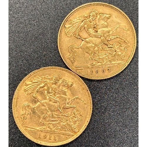 1812 - Two George V half sovereigns dated 1907 and 1911, circulated