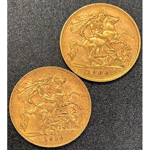 1813 - Two George V half sovereigns dated 1906 and 1912, circulated