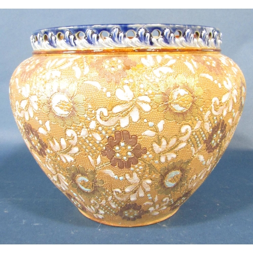 1003 - A Doulton Lambeth jardinière with repeating floral detail and pierced rim, together with a contempor... 