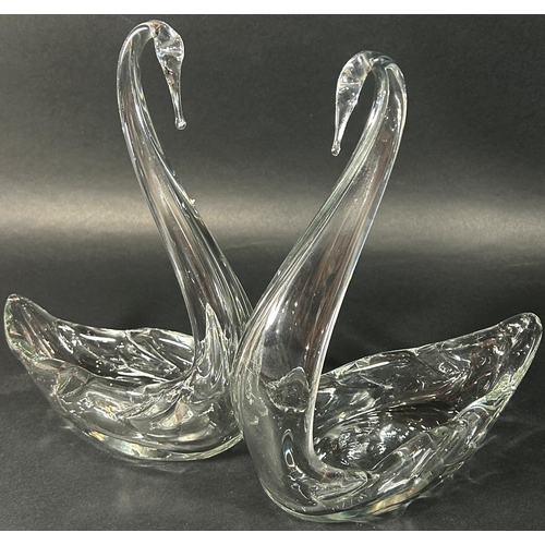 1220 - A large circular floral engraved fruit platter with handles, 37cm diameter, a pair of glass swans wi... 