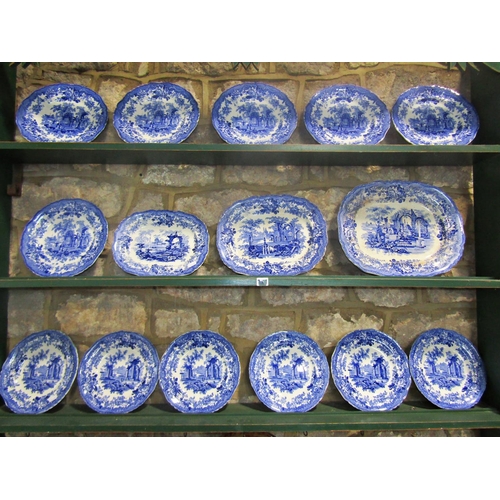 1001 - Ashworth Brothers blue and white transfer printed dinner service with a ruined abbey pattern compris... 