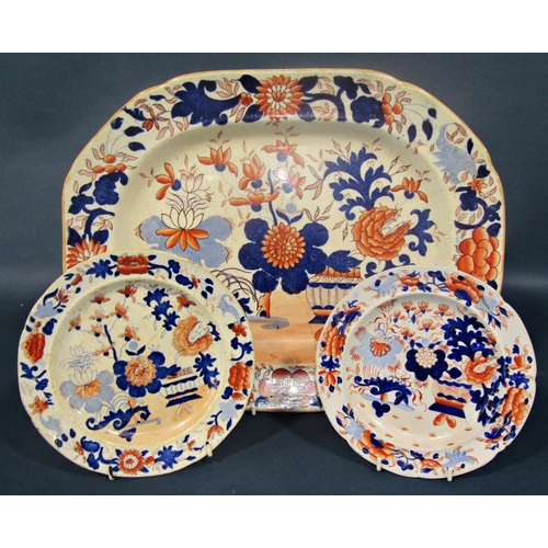 1006 - A Masons Ironstone Basket Japan pattern meat plate, two small further graduated plates, three jugs, ... 