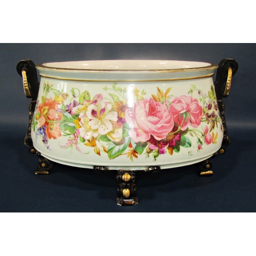 1012 - 19th century continental porcelain jardinière of oval form with hand painted repeating floral band, ... 
