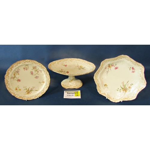 1042 - A late 19th century dessert set with printed and infilled floral detail comprising high comport, two... 