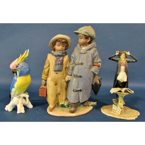 1044 - A Lladro group number 2242, 'Off to School' Herend porcelain bowl and cover with floral detail, a We... 