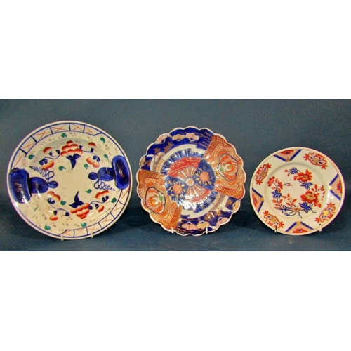 1047 - Two 19th century porcelain plates with hand painted floral and fruit reserves, two Imari dishes, one... 