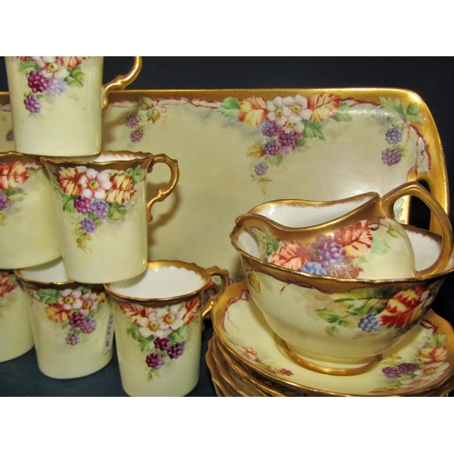 1052 - A late 19th century hand painted tea service comprising six cups and saucers, teapot, sugar basin an... 