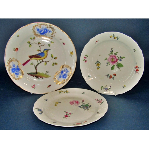 1055 - A pair of 19th century continental porcelain plate with hand painted floral panels, and a further 19... 