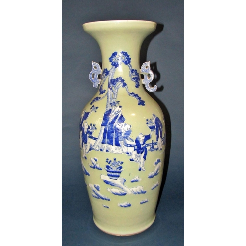 1060 - A large 19th century Chinese underglaze blue and white slip decoration celadon ground vase, sage and... 