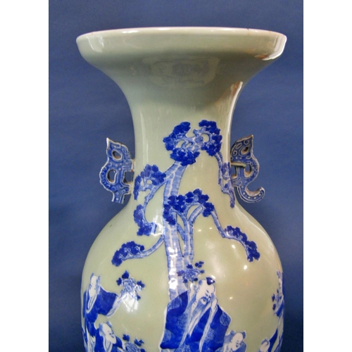 1060 - A large 19th century Chinese underglaze blue and white slip decoration celadon ground vase, sage and... 