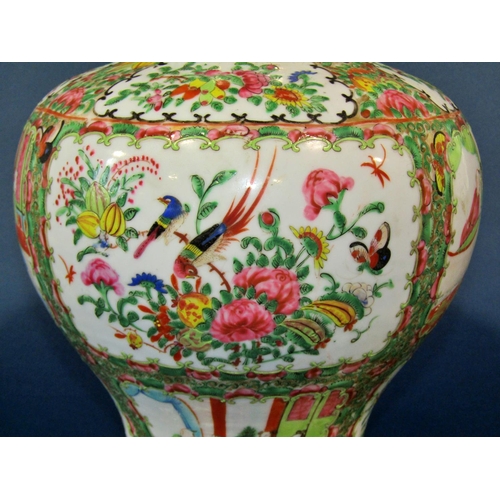 1076 - 19th century famille rose baluster shaped vase and cover with typical floral bird and butterfly deta... 