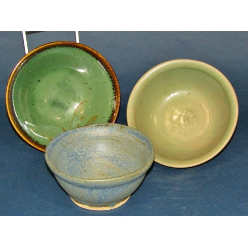 1156 - A collection of studio pottery wares in celadon and other glazes, dishes, vases, meipng, etc