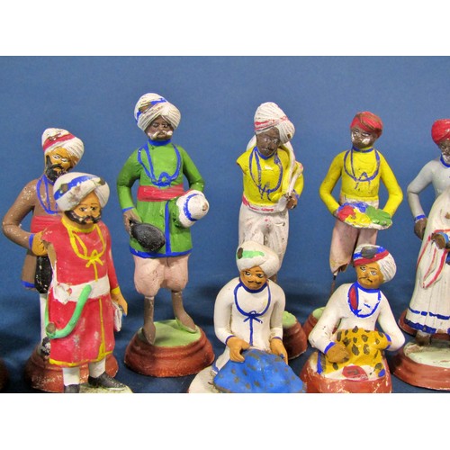 1183 - Sixteen Lucknow clay figures depicting different professions and aspects of life, average size 8 cm ... 